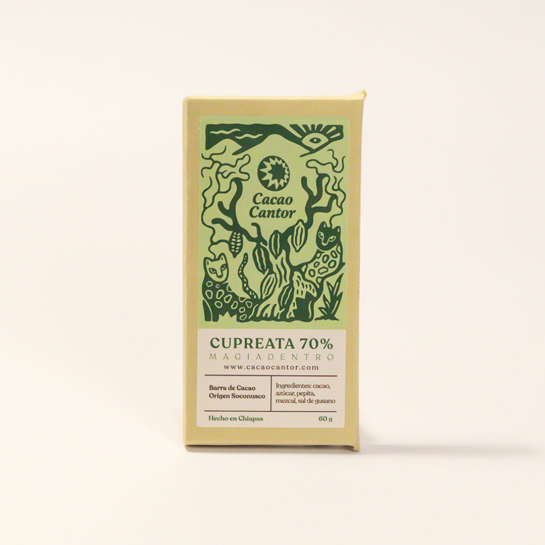 Cupreata — Barra de cacao 70% con mezcal, pepita y sal de gusano